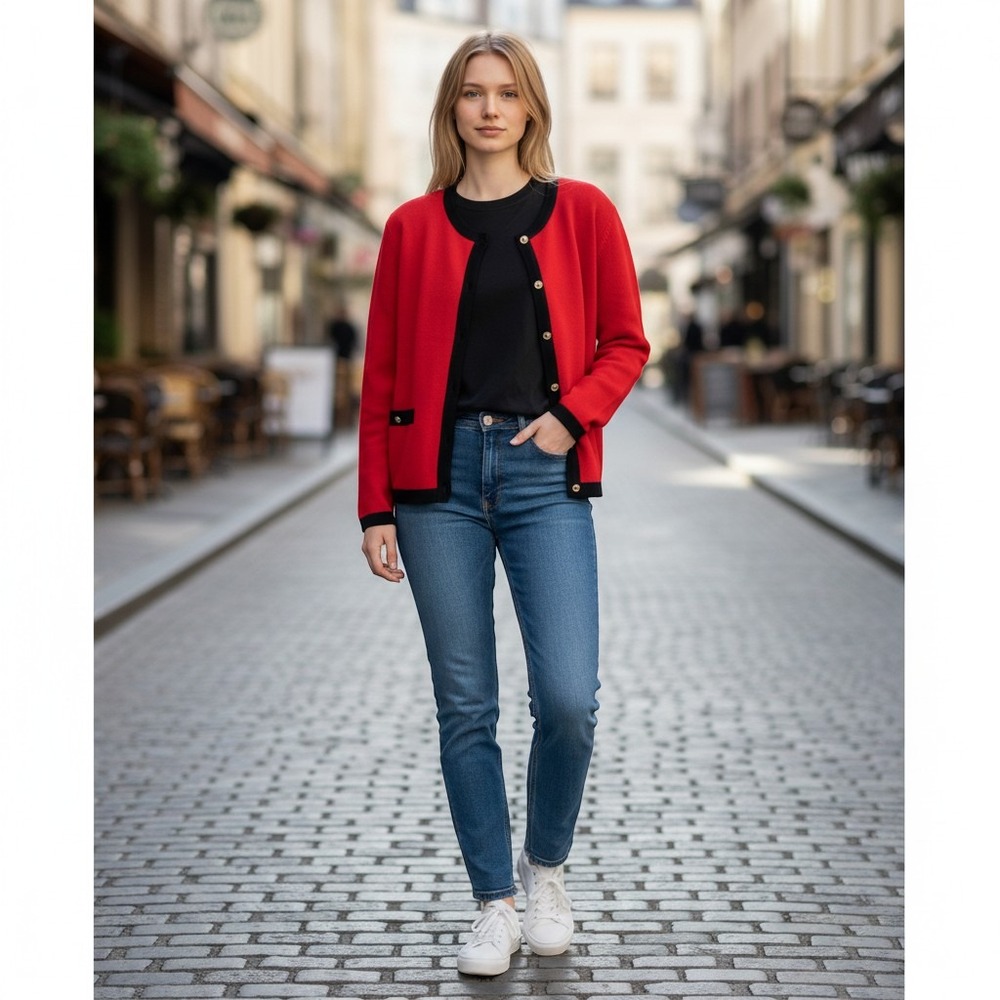 Prosperity Cardigan Sweater Women's Size M Red Black Old Money Sailor Holiday